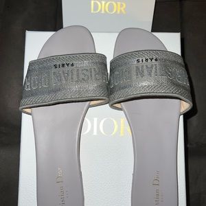 Christian Dior DWAY Slide Silver-Tone Embroidered Metallic Fabric